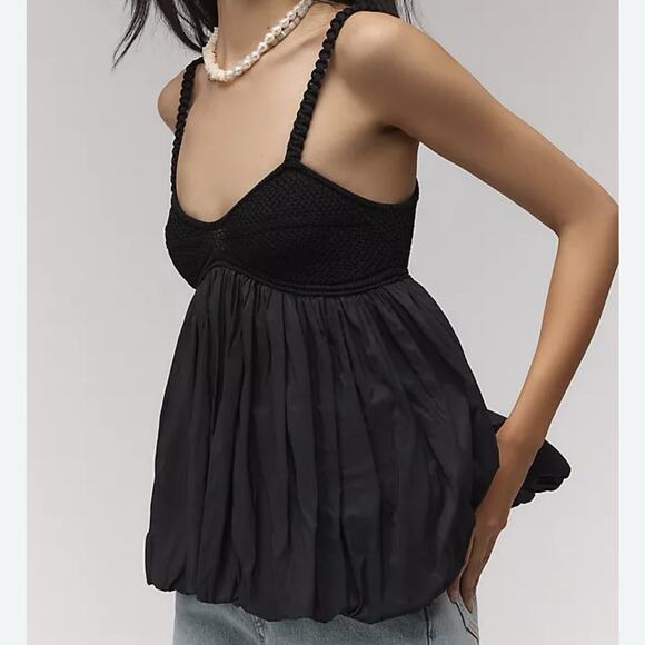 by Anthropologie Knit Swing Tank Top Sz XS Black Bubble Hem Boho Babydoll Flowy - Picture 1 of 12